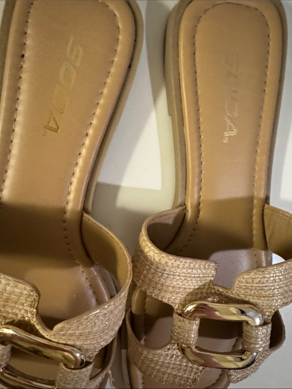 Soda Beige Woven Slide Sandals with Gold Buckle Detail - Picture 5 of 5